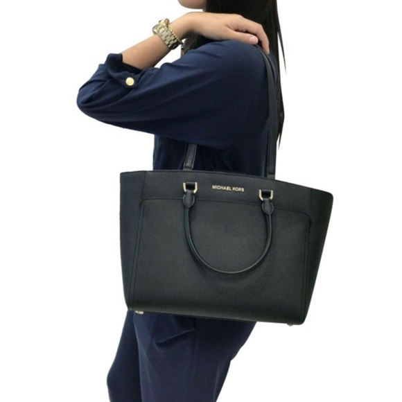 MICHAEL Michael Kors Handbags - Michael Kors Emmy Double Handle Saffiano Black Leather Tote